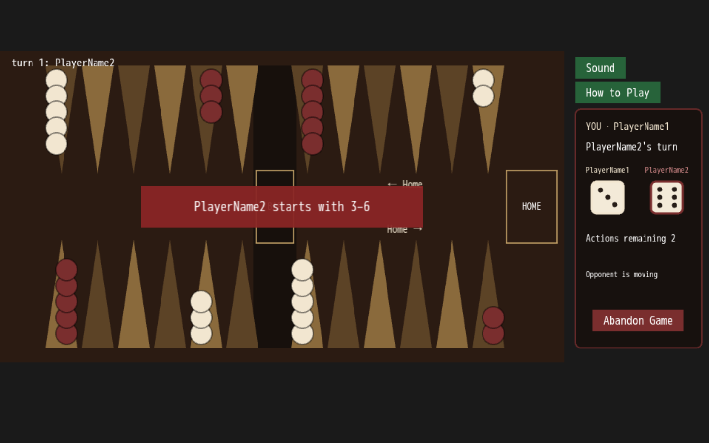A live Make It Home board with checkers, dice, and player controls